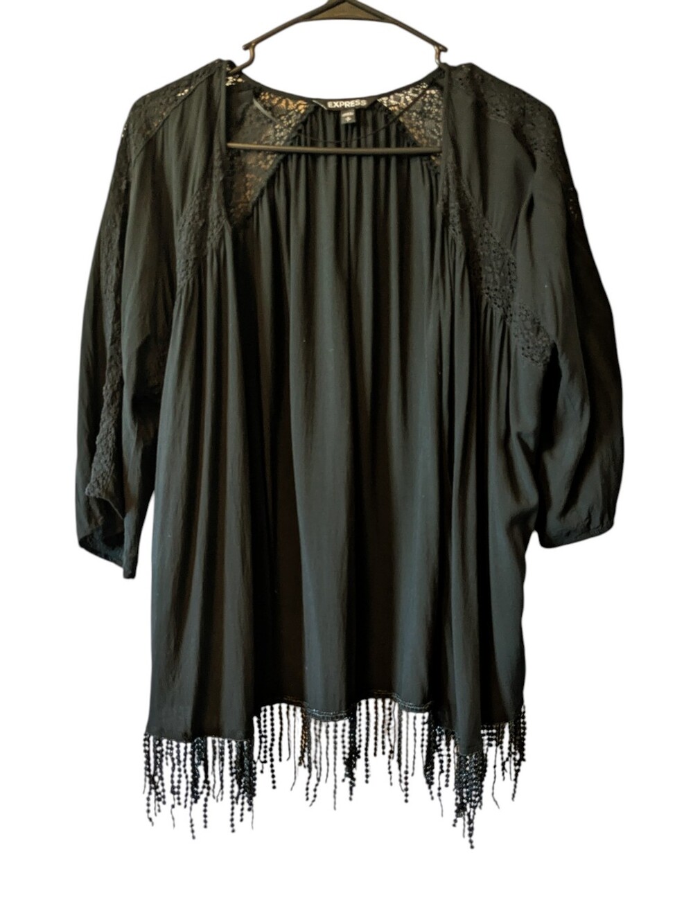 Express Black Beaded Fringe Kimono  Coverup Jacket Top Sz S